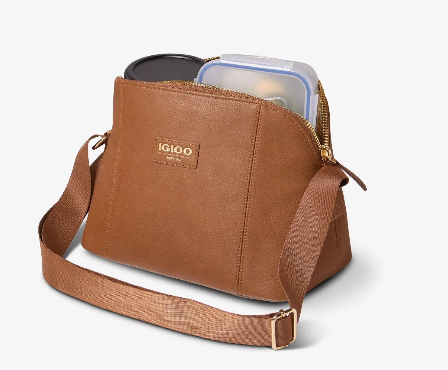 Brown Igloo lunch bag with a zipper, shoulder strap, and a visible cup and food container inside