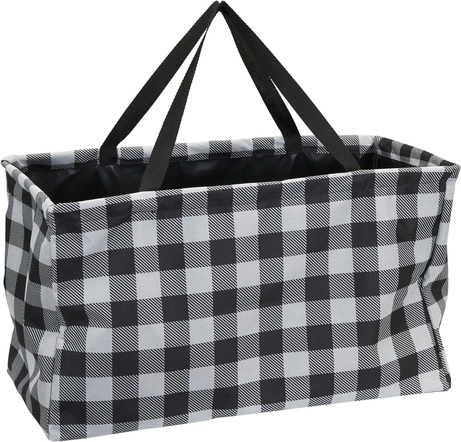 Large rectangular tote bag with black handles, featuring a black-and-white checkered pattern. Ideal for shopping