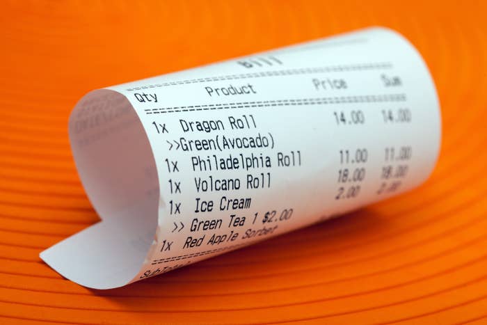 A receipt listing items such as Dragon Roll, Green Avocado, Philadelphia Roll, Volcano Roll, Ice Cream, and Green Tea, totaling various prices