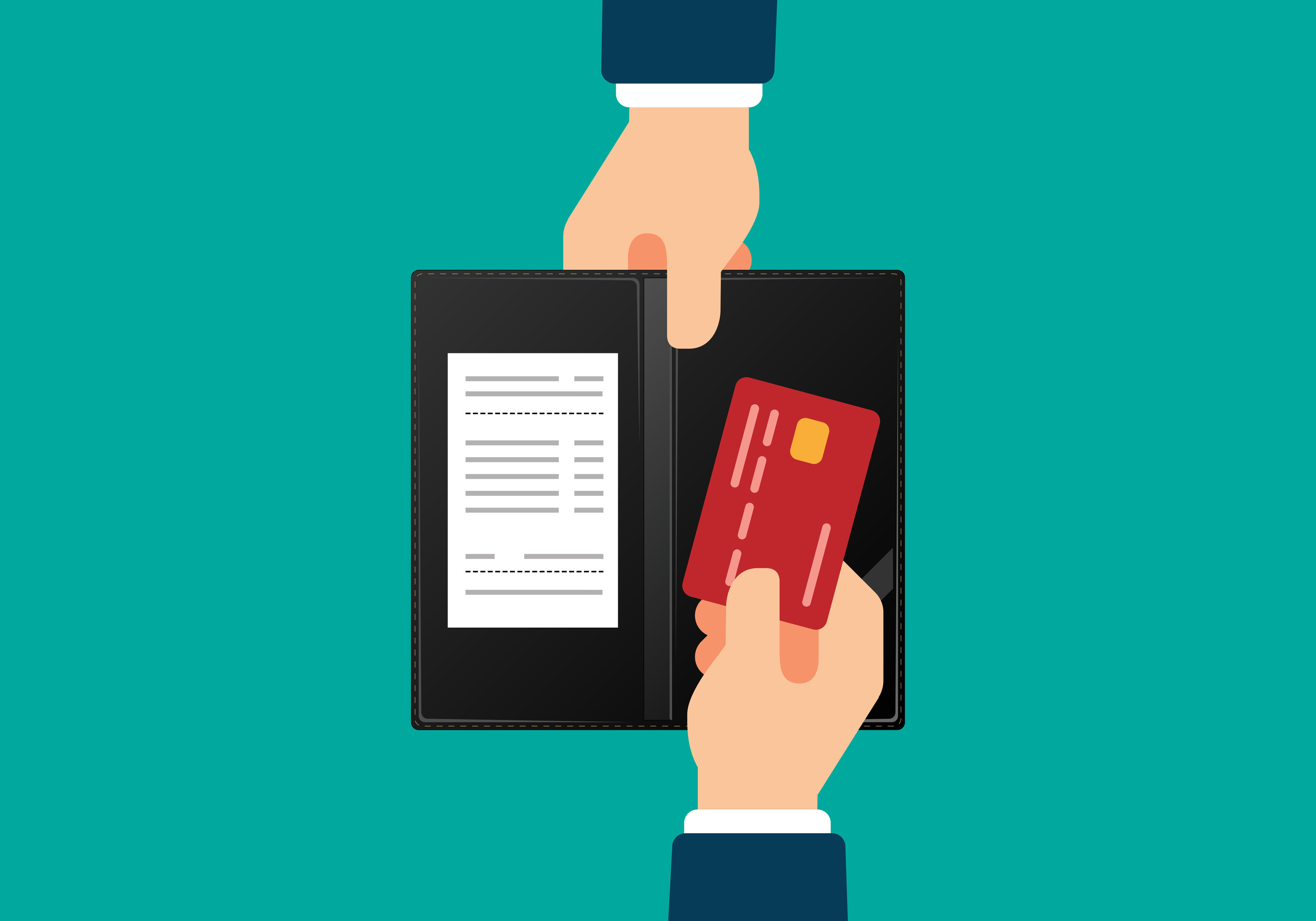 One hand holds a wallet with a receipt, while another hand inserts a red credit card into the wallet