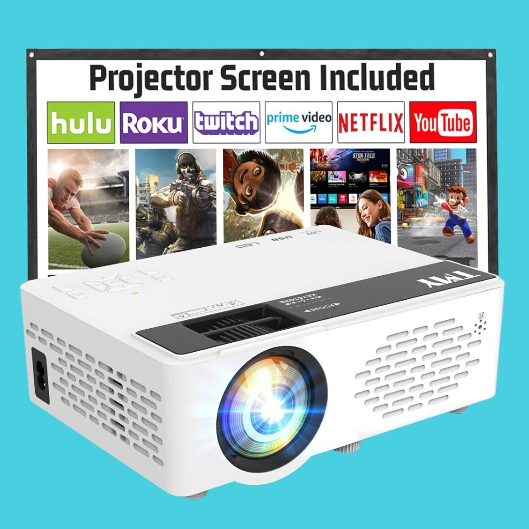 Projector with surface  featuring streaming work  logos, including Hulu, Roku, Twitch, Prime Video, Netflix, and YouTube. Perfect for location  entertainment