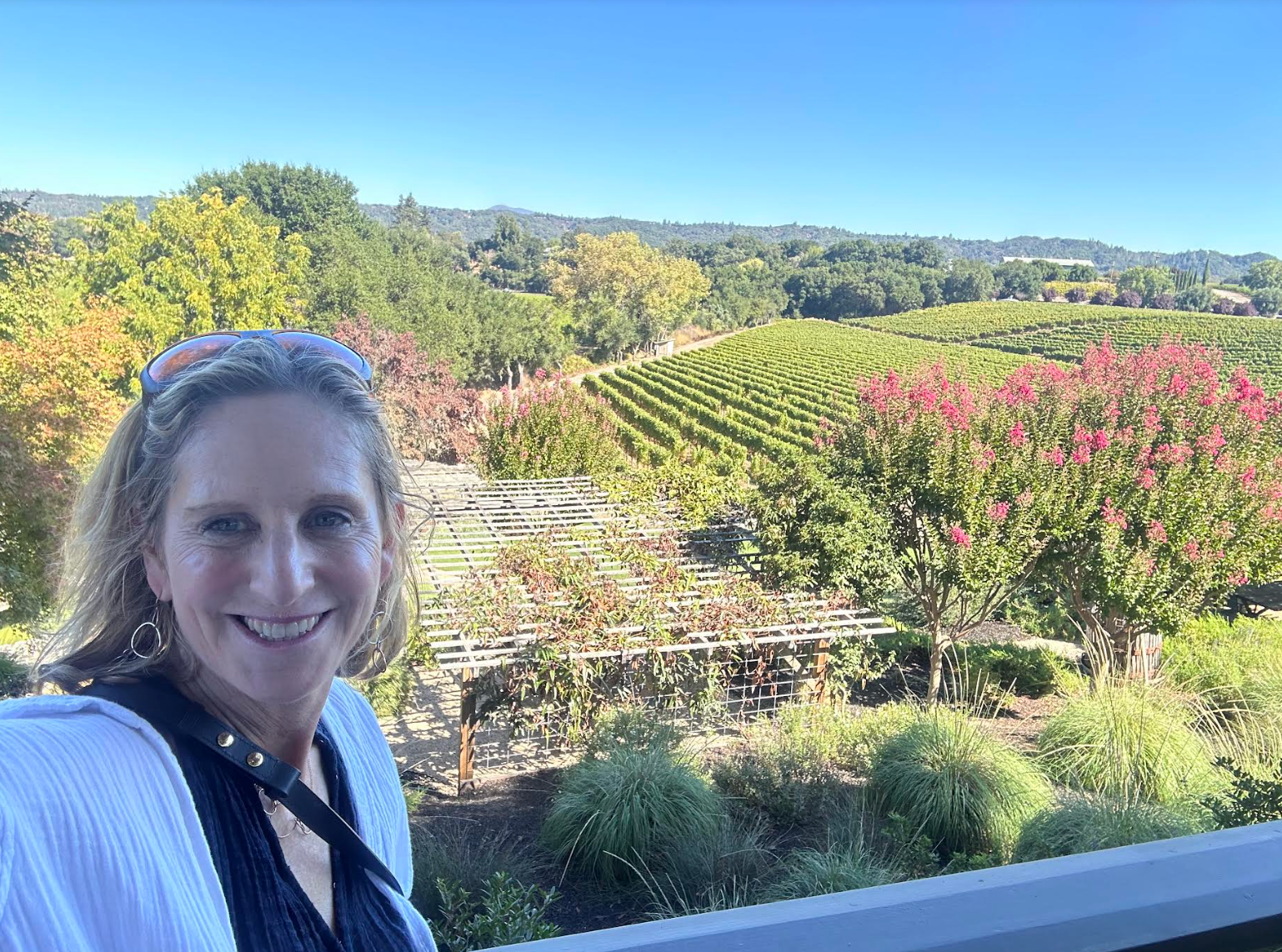 A person smiles in front of a scenic vineyard landscape with rolling hills and trees in the background