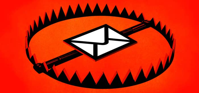 Illustration of a letter inside a spring-loaded bear trap against a red background, symbolizing a mail scam or a dangerous communication