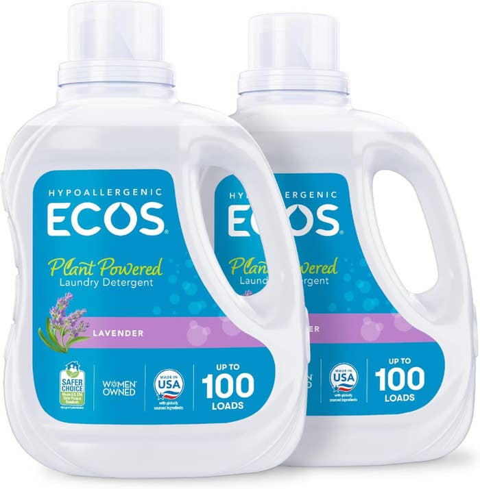 Two bottles of ECOS lavender-scented hypoallergenic laundry detergent, each   labeled for up   to 100 loads