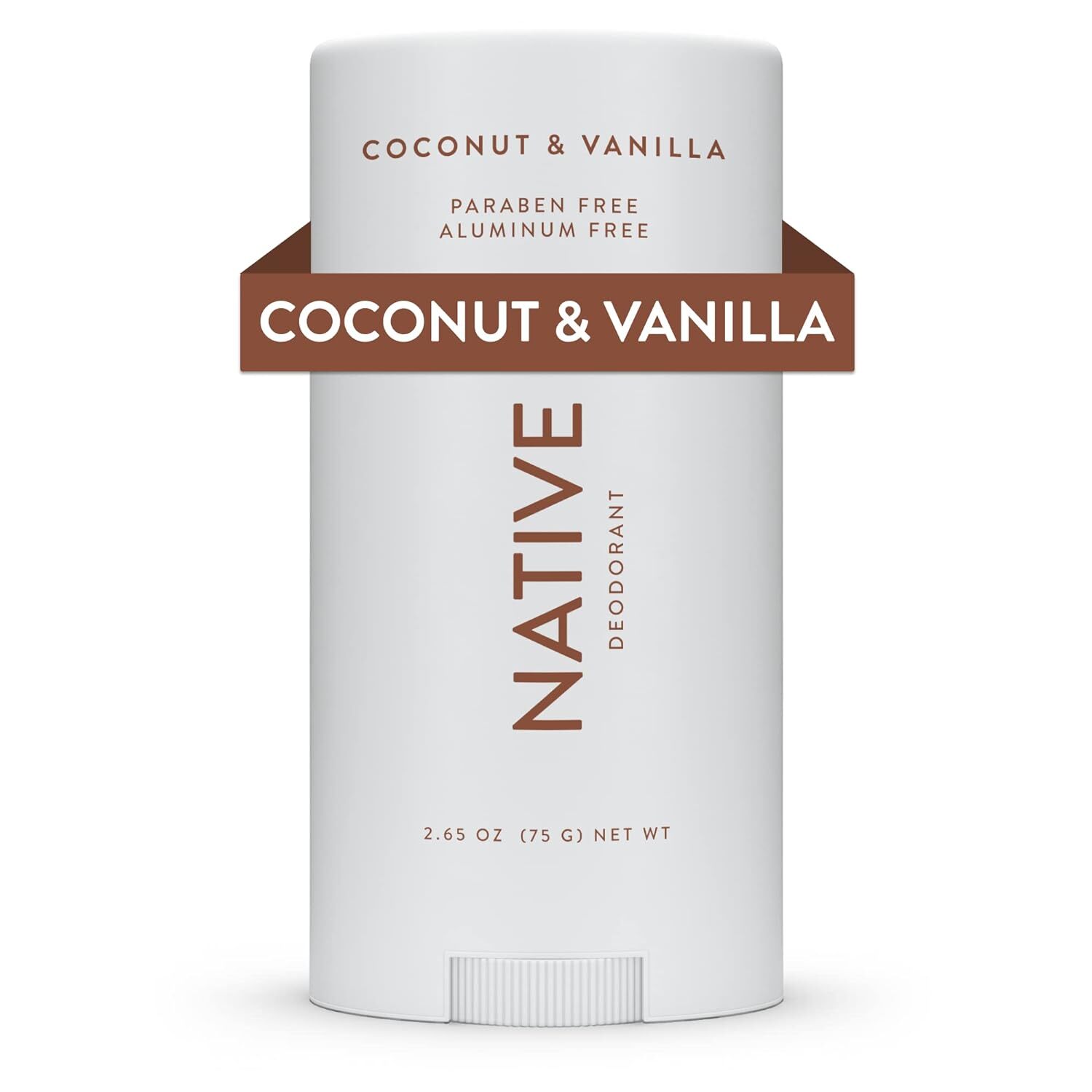 Native deodorant instrumentality   successful  coconut and vanilla scent, featuring paraben-free and aluminum-free look   details connected  the packaging
