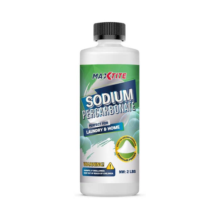 Sodium Percarbonate vessel  with substance   promoting usage  for laundry and home. Warning statement   advises keeping distant  from children