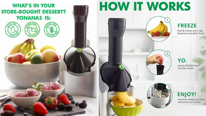  1) Freeze bananas, 2) Insert frozen effect   into the chute, 3) Enjoy fruit-based dessert