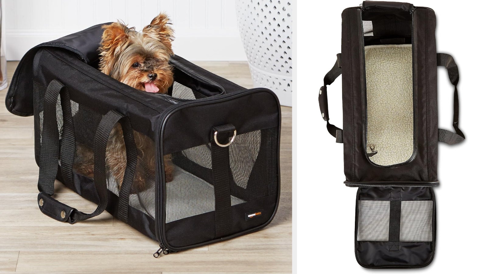 A tiny canine sits comfortably wrong a achromatic mesh favored carrier, which is shown from the broadside and apical view