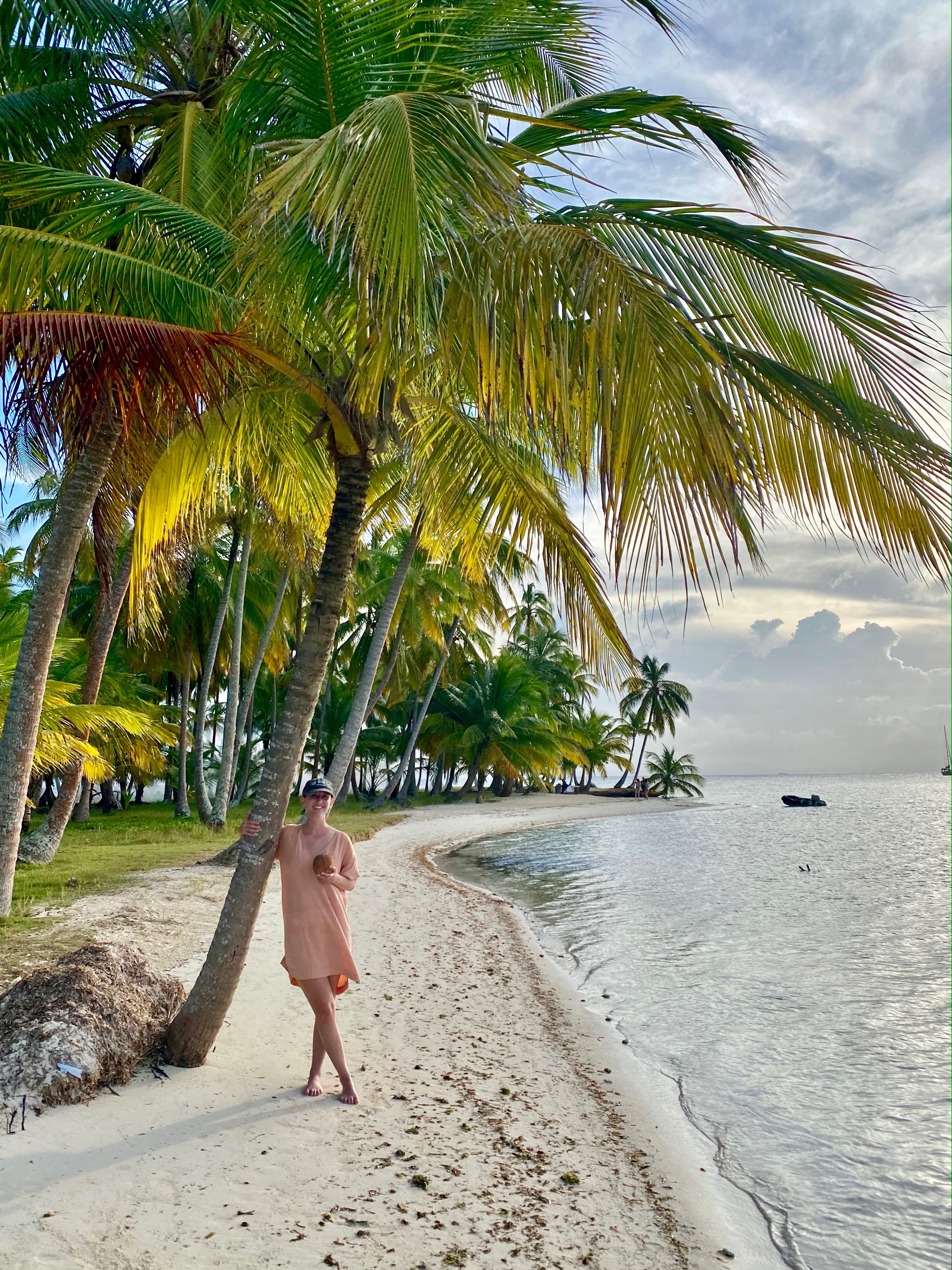 A person stands on a tropical beach against a palm tree, with the ocean on their right and more palm trees in the background