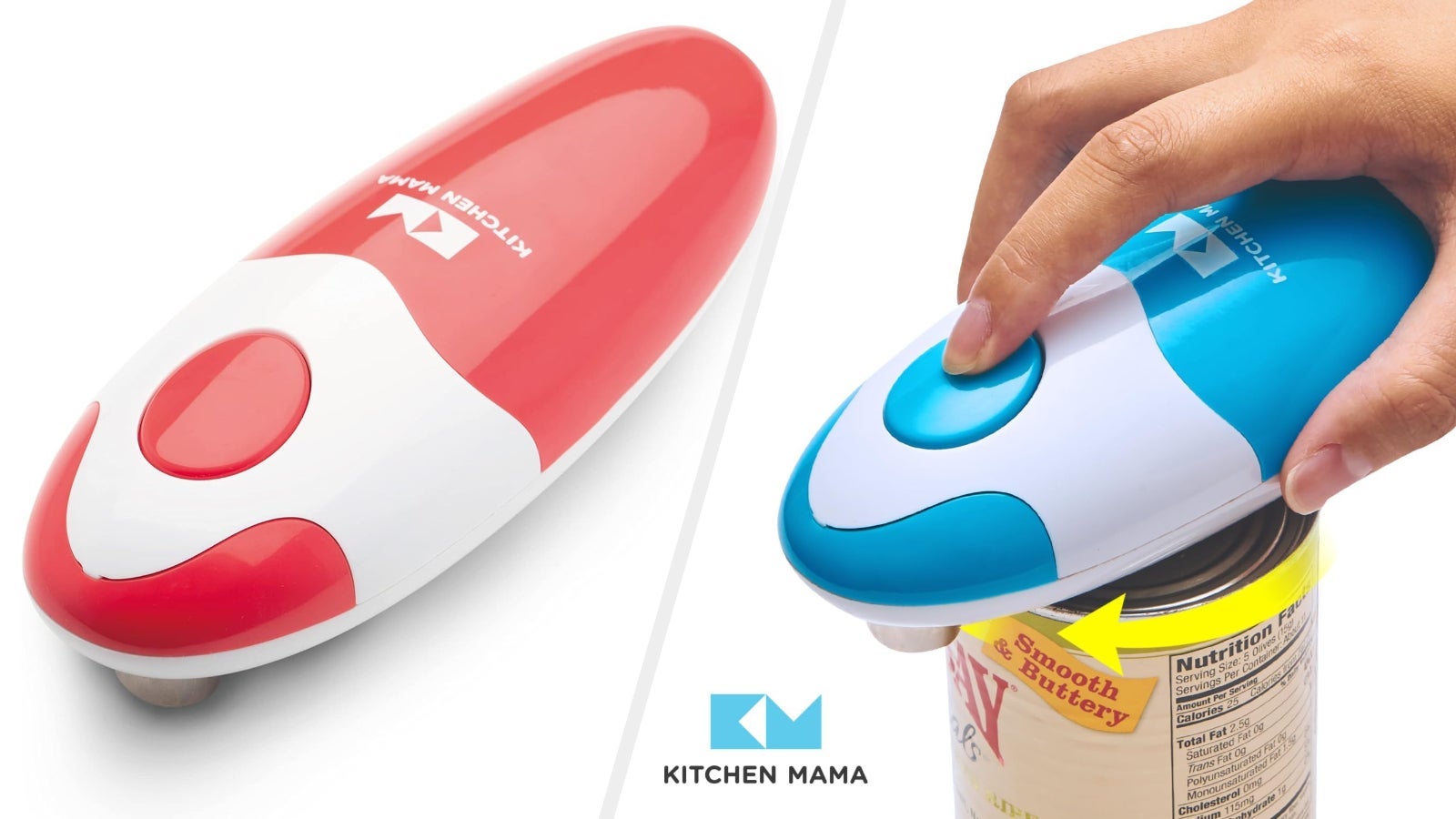 Electric can opener by Kitchen Mama shown in use on a can. Easy, hands-free operation demonstrated with one hand pressing the button