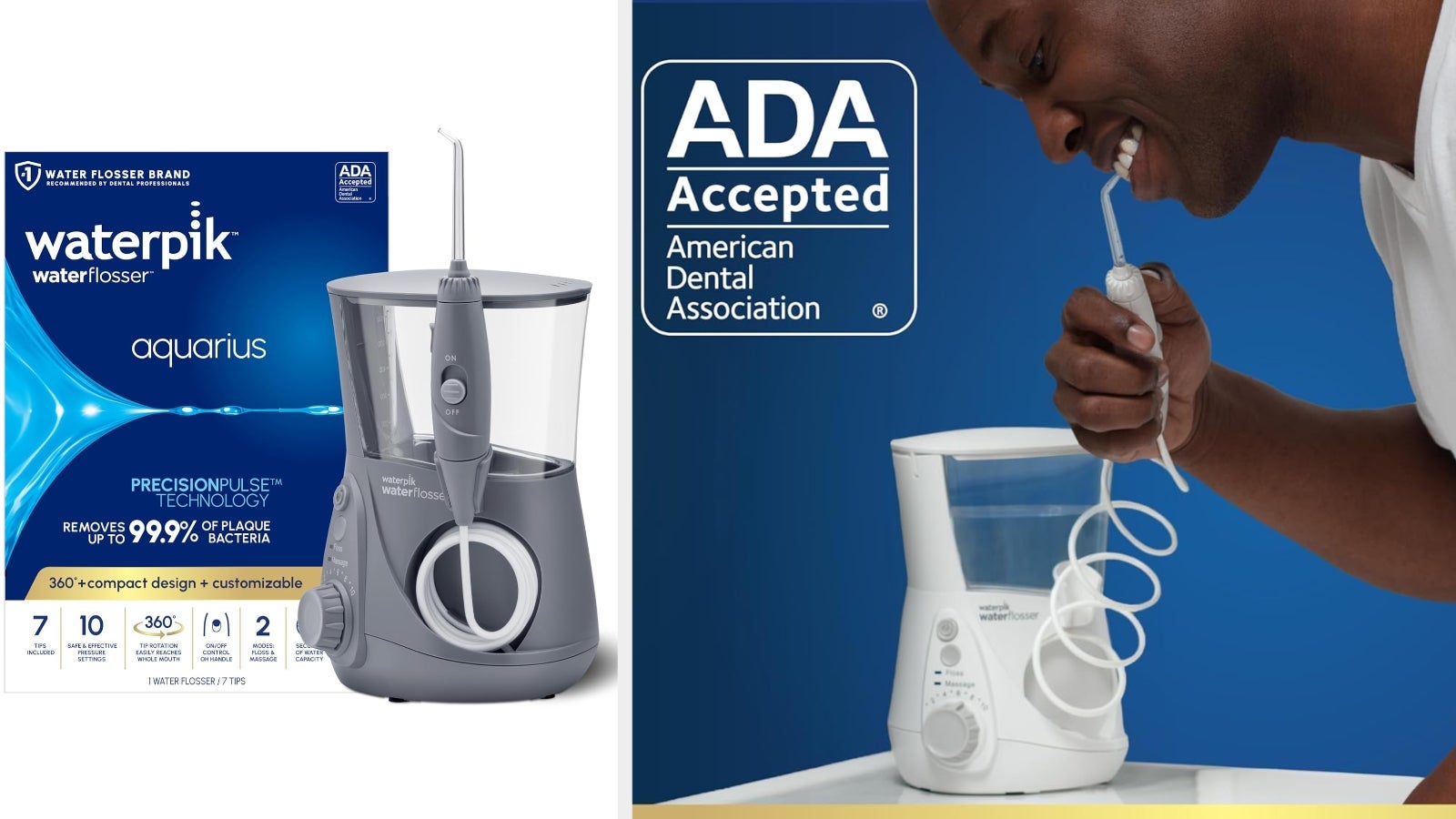 Waterpik Aquarius water flosser with ADA seal, shown in packaging and in use by a smiling person