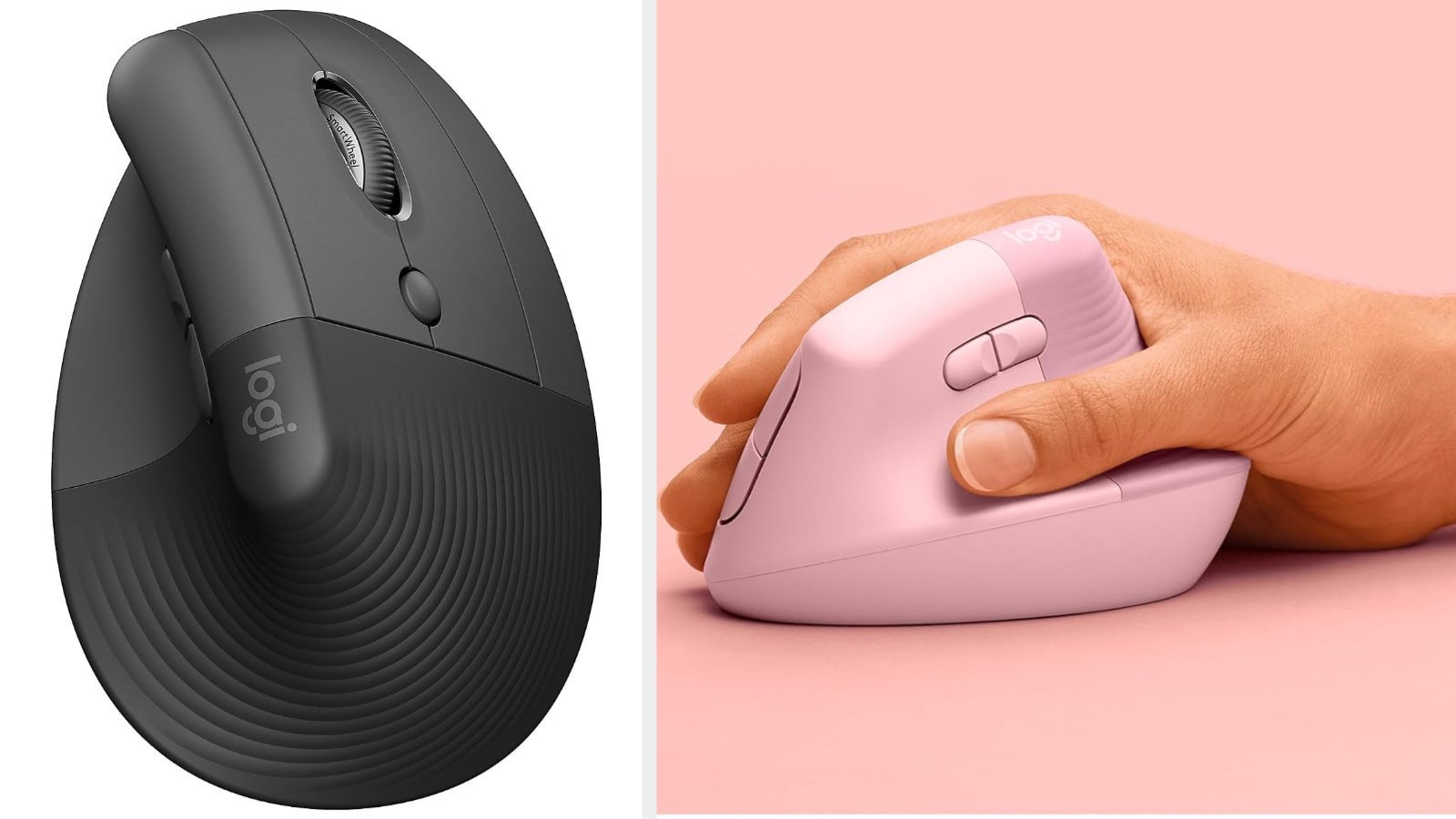 Two ergonomic computer mice with vertical design; left mouse is shown on its own, right is held by a hand