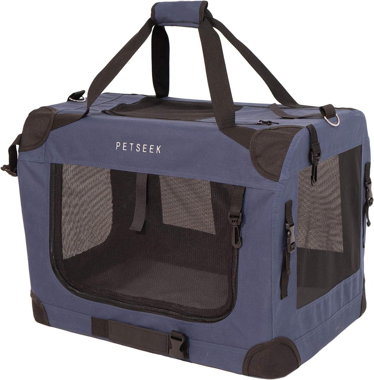 Pet bearer with mesh panels and handles, branded "Petseek." Suitable for transporting tiny pets, featuring unafraid zip openings