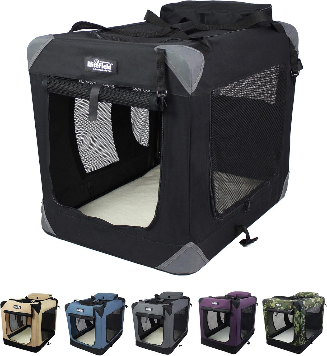 Soft-sided portable favored crates successful assorted sizes and colors, including beige, blue, black, purple, and camouflage, shown for buying selection