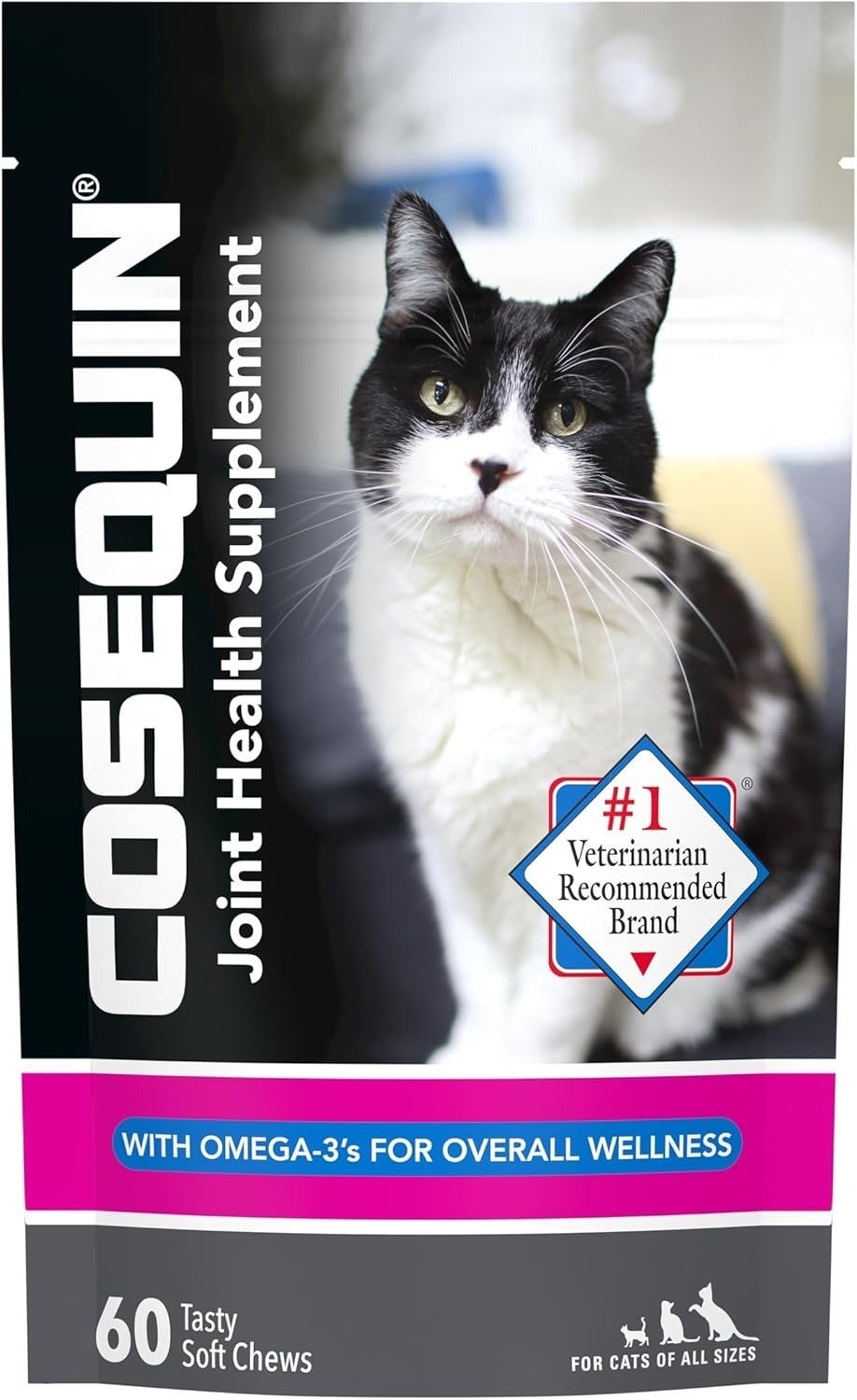 Cosequin Joint Health Supplement for cats with Omega-3s. Package shows a achromatic  and achromatic  cat. Includes 60 brushed  chews