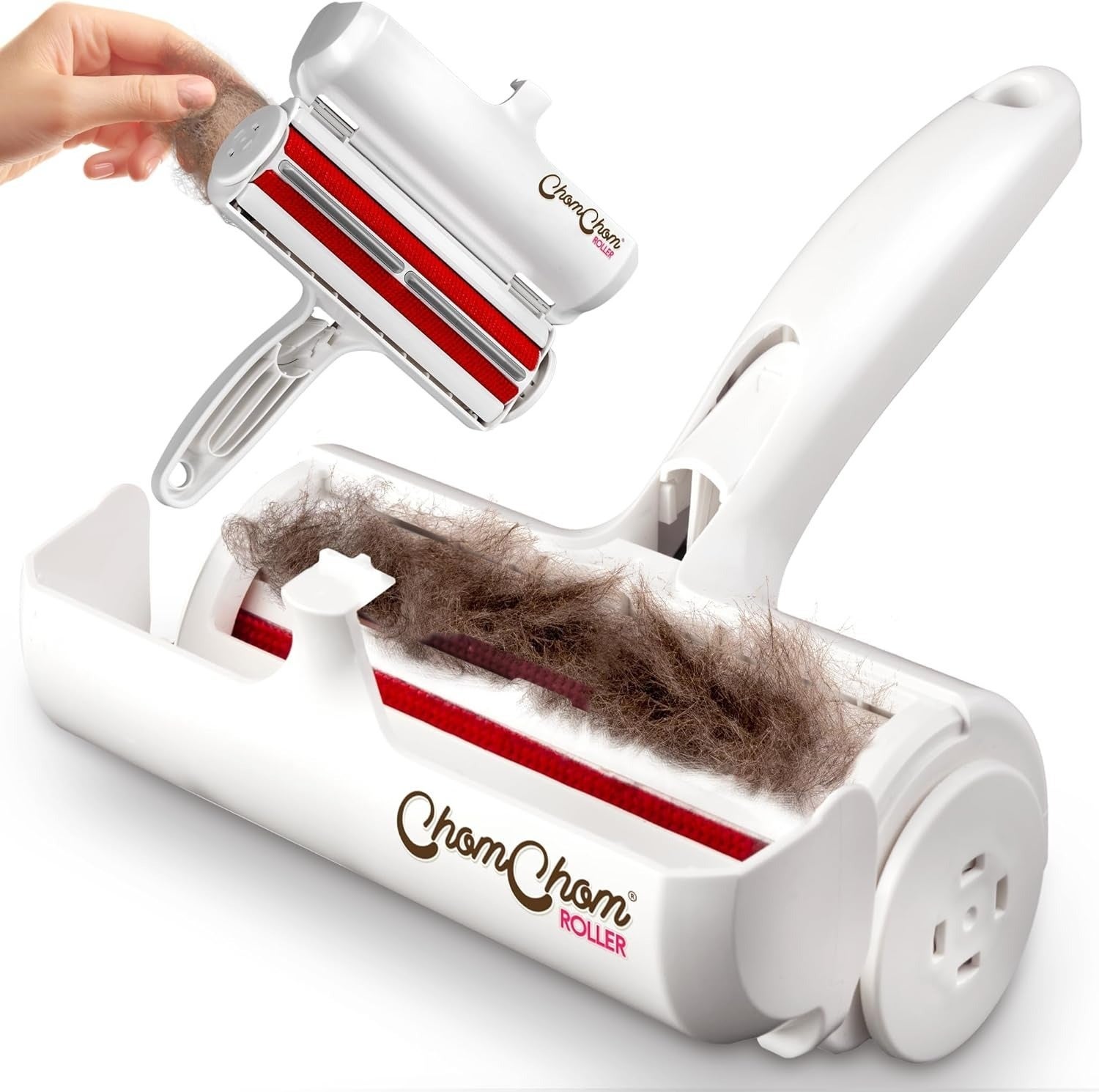 Pet hairsbreadth  remover roller with handle, effectual  for cleaning fur from fabrics and surfaces, shown successful  usage  and with collected hair