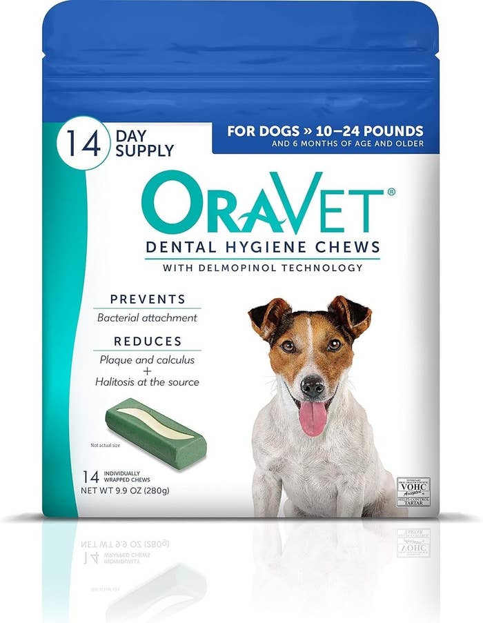 OraVet Dental Hygiene Chews bundle  for dogs, 10–24 pounds. Promises to forestall  bacterial attachment and trim  plaque, calculus, halitosis