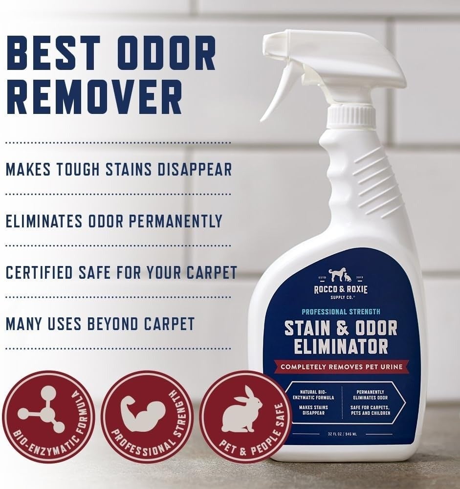 Spray vessel  of Rocco &amp;amp; Roxie Stain &amp;amp; Odor Eliminator, claims to region   pugnacious  stains and odors, harmless  for carpets, galore  uses beyond carpets