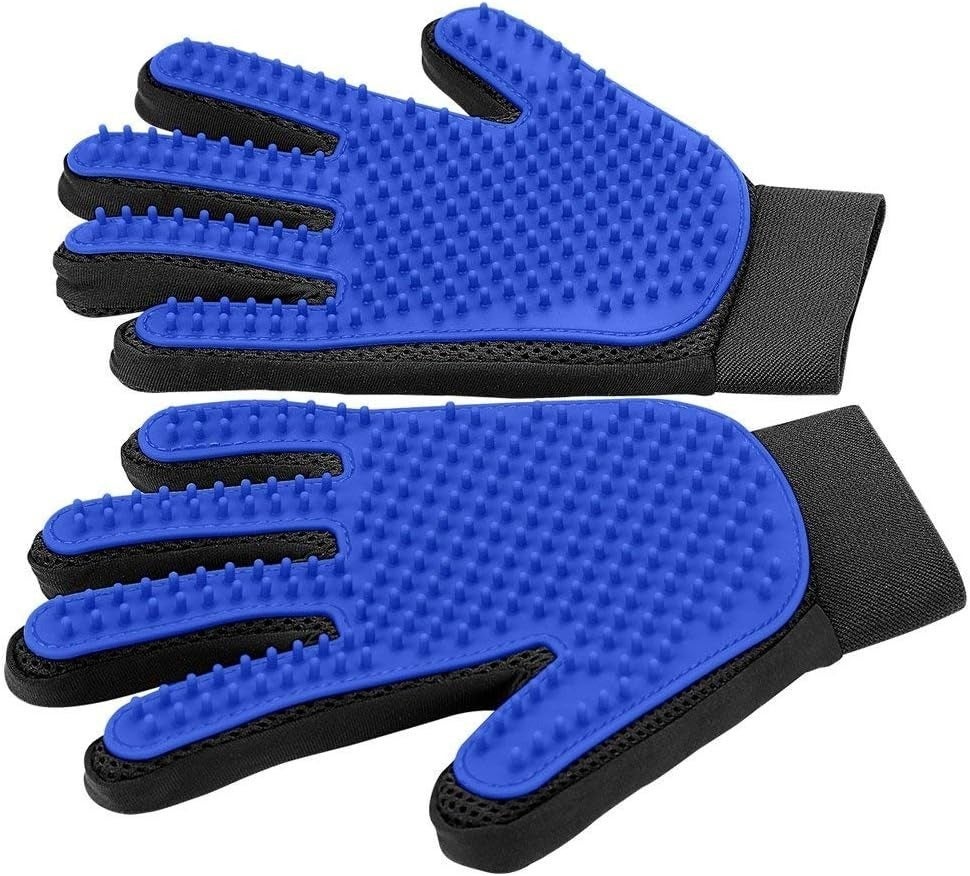Pet grooming gloves with rubber bristles for brushing and deshedding fur, shown successful  a pair