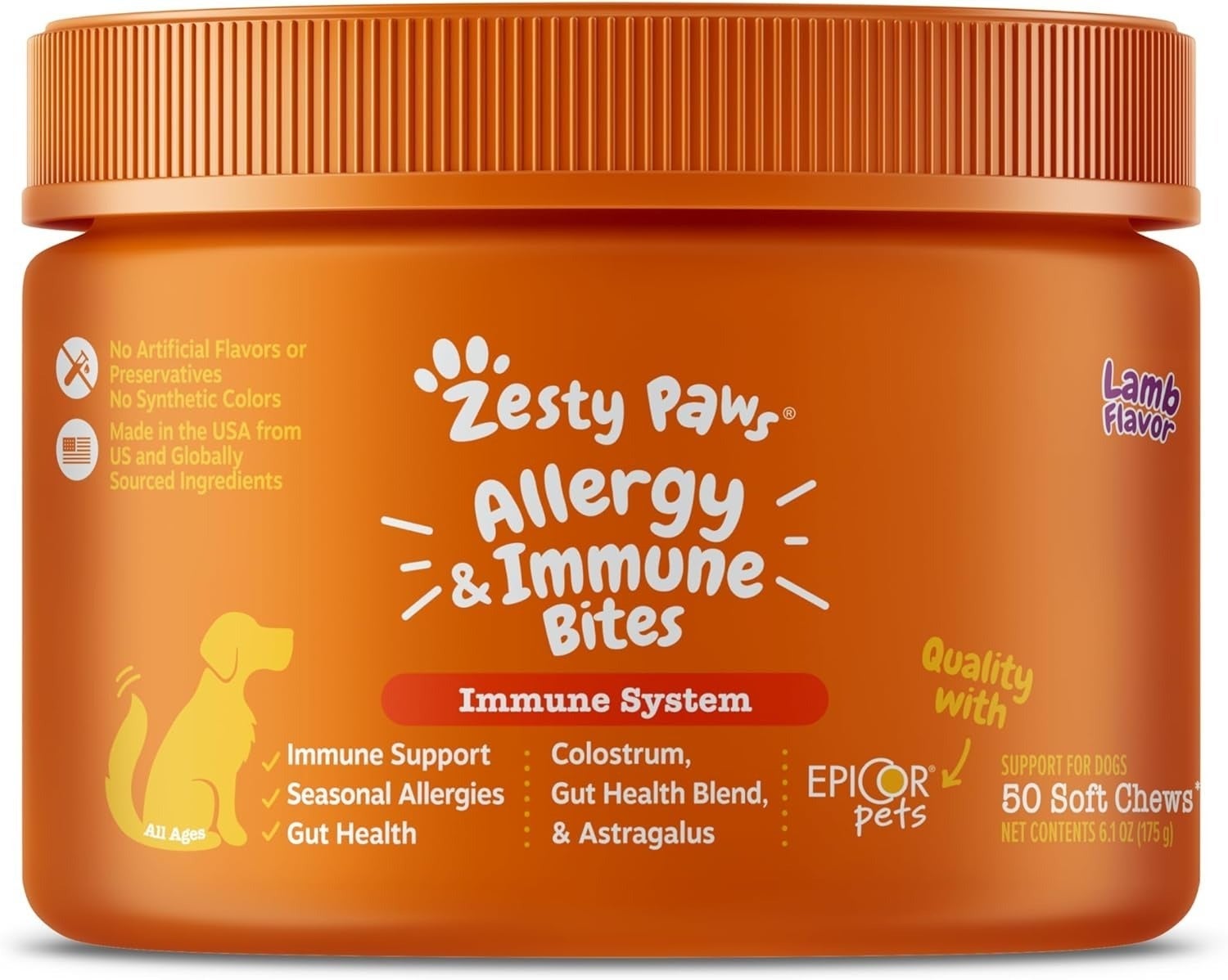 Zesty Paws Allergy &amp;amp; Immune Bites for dogs, lamb flavor, features see  immune support, seasonal allergy relief, gut health, and made successful  the USA
