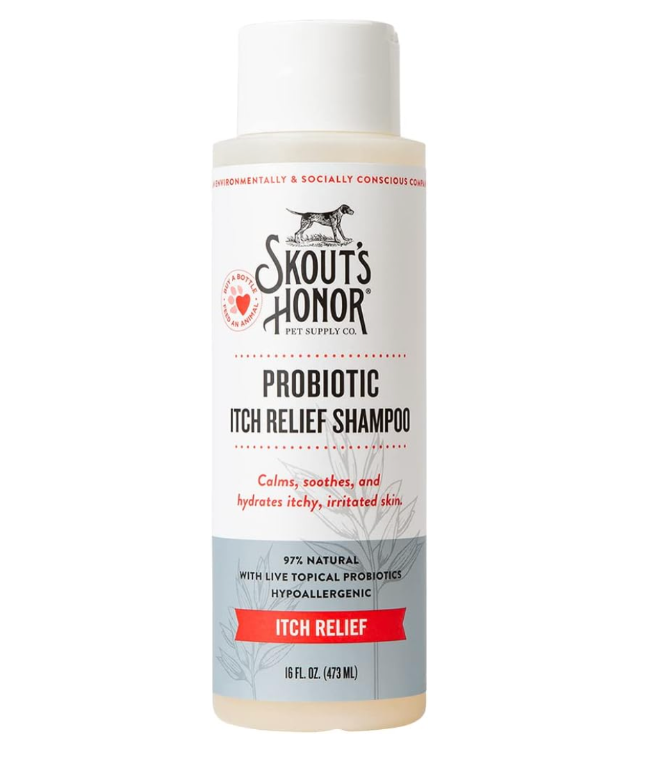 Skout's Honor Probiotic Itch Relief Shampoo, 16 oz bottle; calms and hydrates itchy favored  tegument  with earthy  probiotics; hypoallergenic