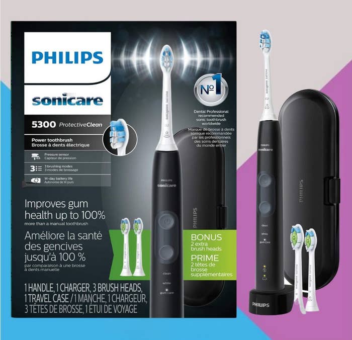 Philips Sonicare 5300 electrical toothbrush packaging featuring device, question case, and substance highlighting gum wellness and bonus brushwood heads