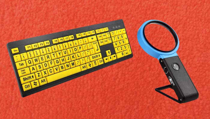 A large-type keyboard and hands-free magnifying glass