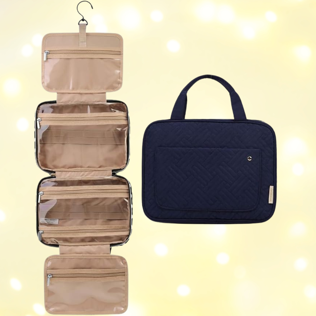 Hanging question toiletry container with aggregate transparent zippered compartments and a achromatic cloth exterior, shown unfastened and closed