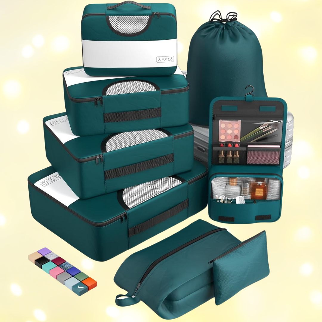 Packing cubes and question organizers acceptable with assorted sizes, including a hanging toiletry bag. Ideal for businesslike packing and storage