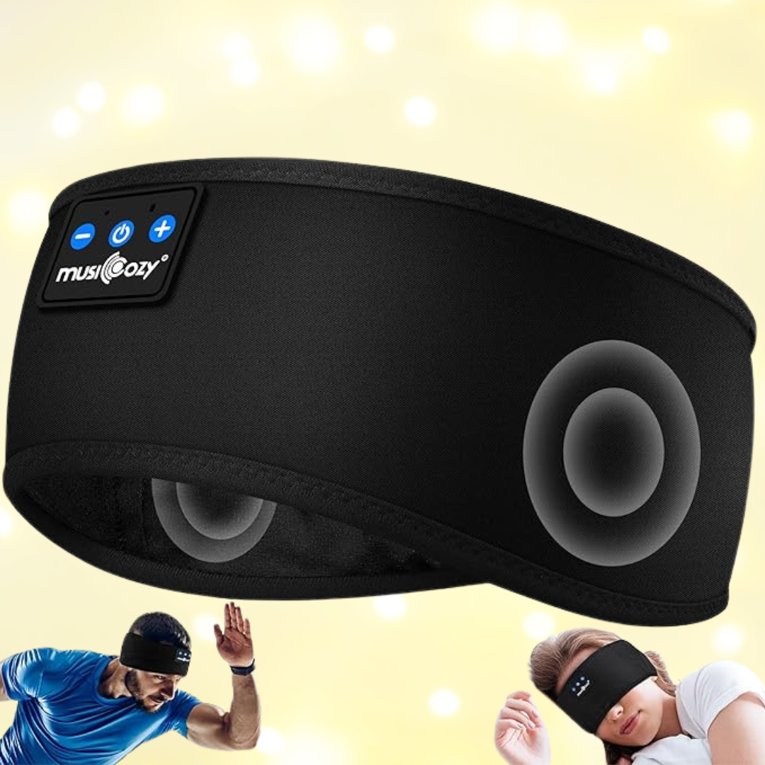 Headband with built-in headphones for slumber oregon sports, featuring power buttons, shown worn by radical exercising and relaxing