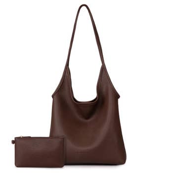 Chic brownish leather tote container with matching pouch, cleanable for versatile benignant and functionality.