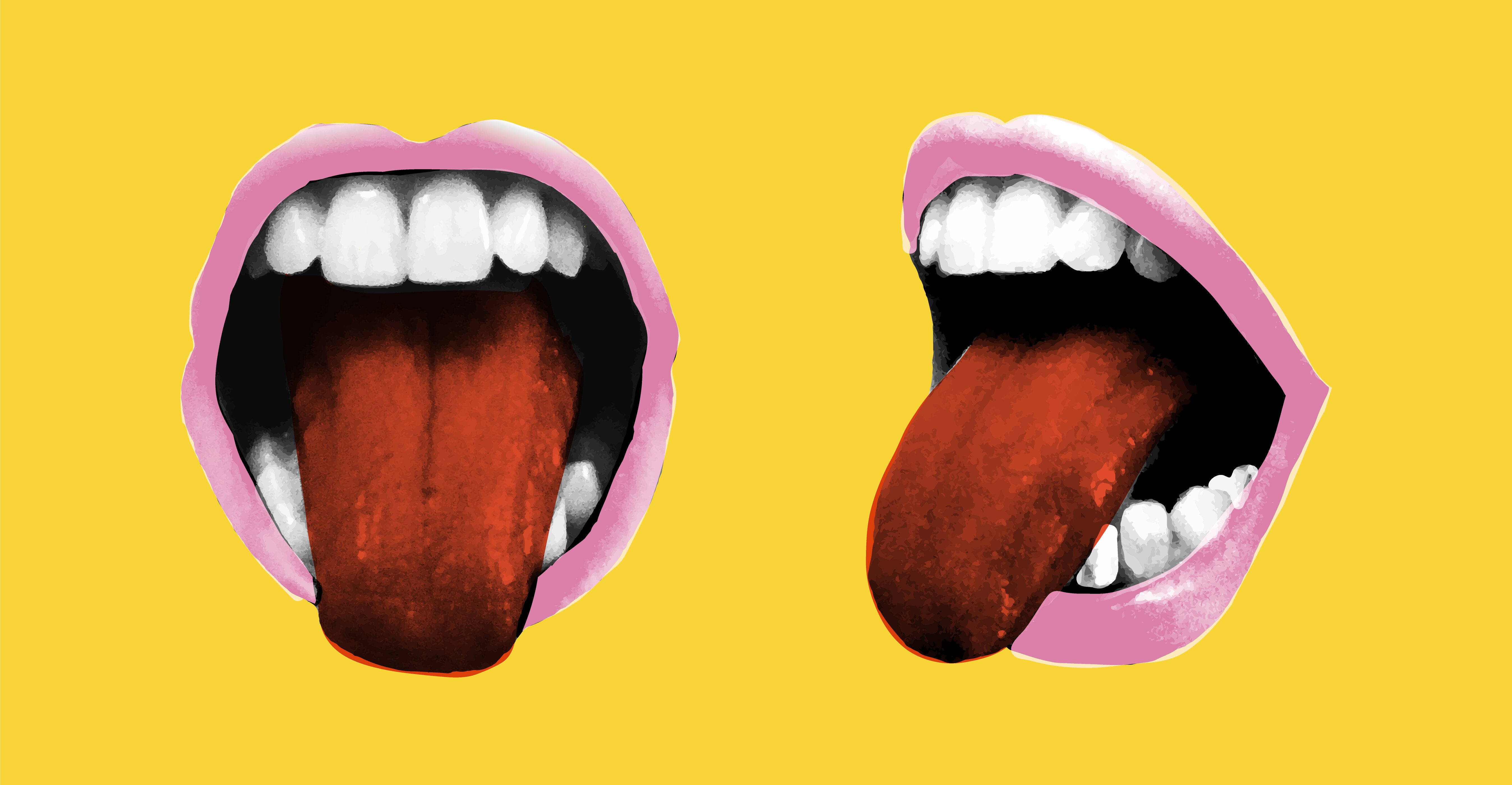 Two stylized open mouths with red tongues stretched out against a yellow background, conveying a playful and bold expression