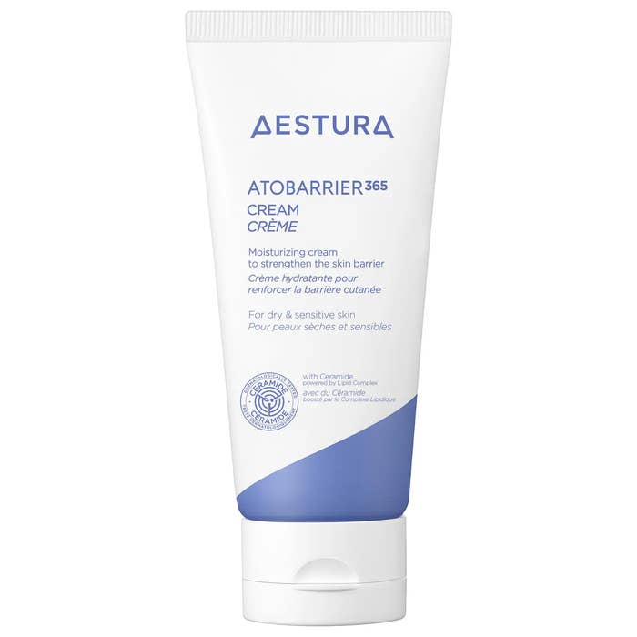Tube of Aestura Atobarrier365 Cream, a moisturizing merchandise  for adust  and delicate  skin, with substance   detailing its benefits successful  English and French