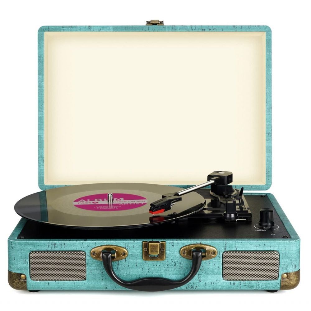 Vintage-style portable grounds   subordinate    with an unfastened  lid, playing a achromatic  vinyl record. Features built-in speakers and a suitcase design