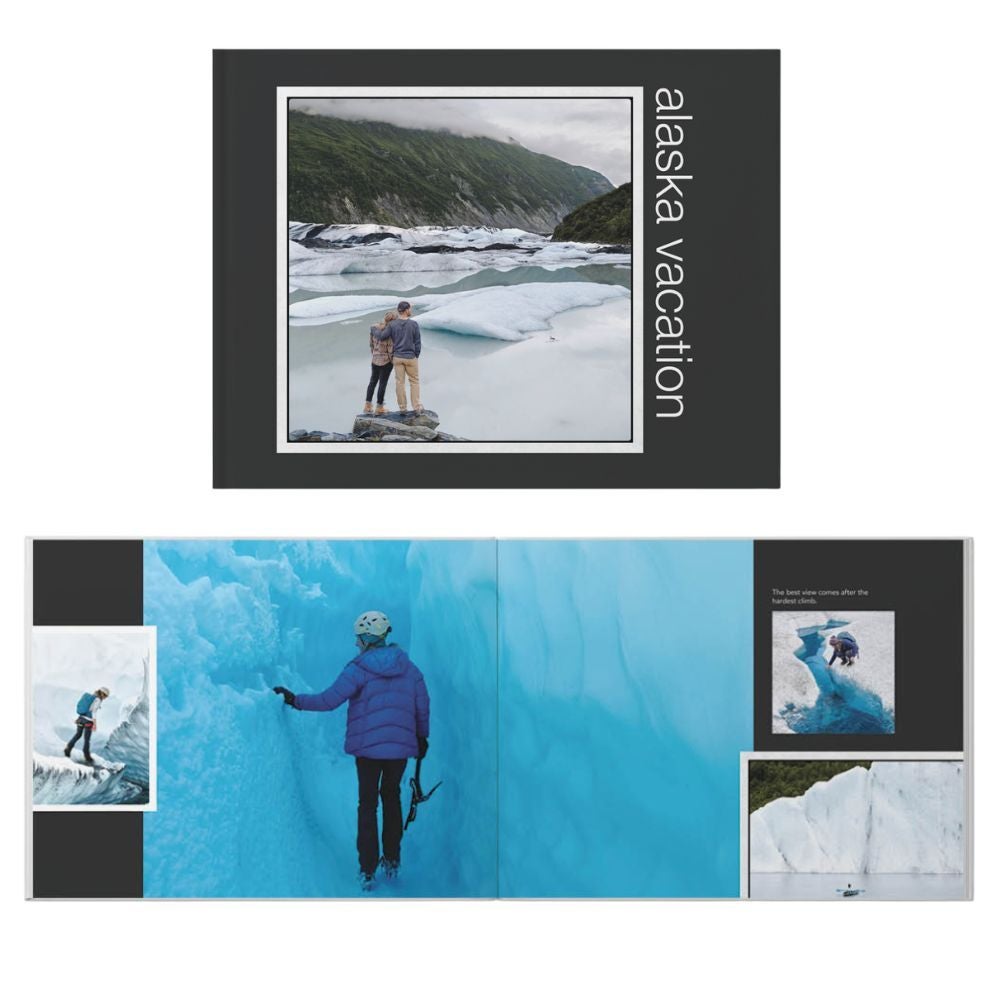 Photobook screen  and pages showcasing an Alaska abrogation  with scenic views and photos of radical   exploring glaciers