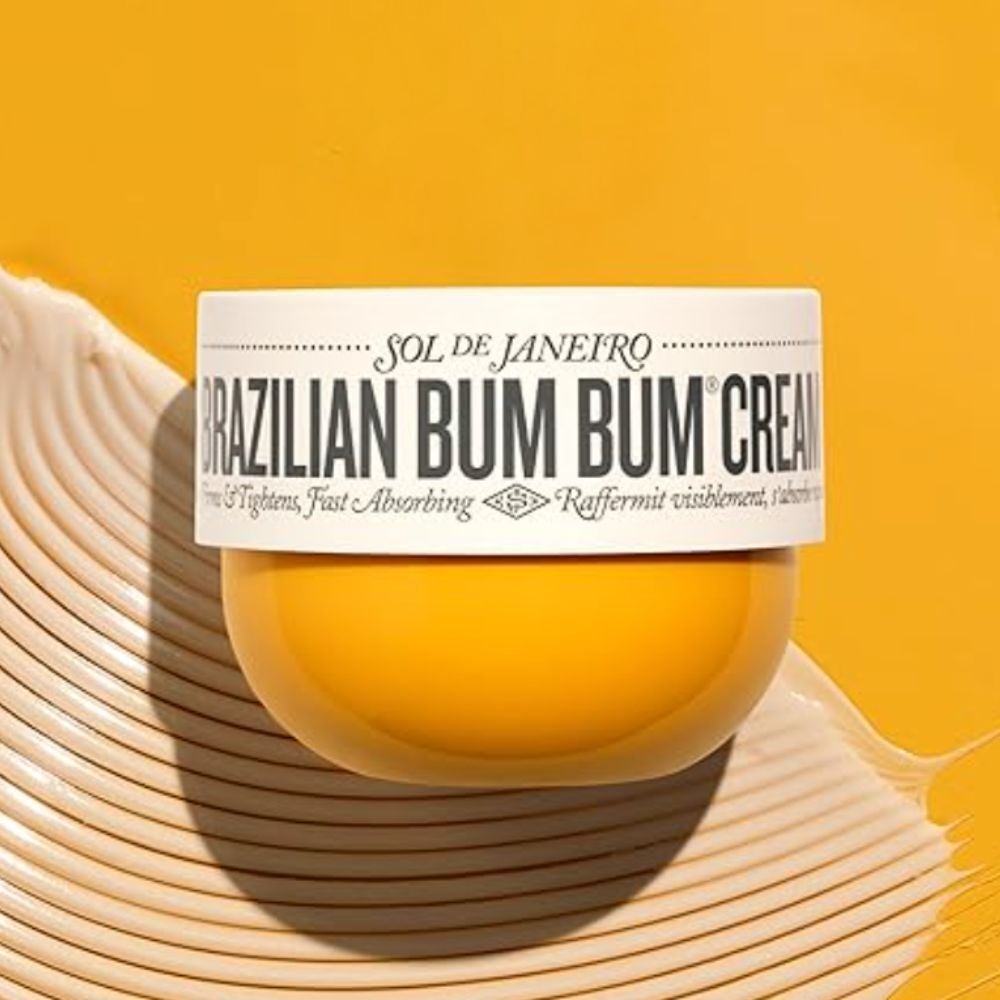 Sol de Janeiro Brazilian Bum Bum Cream jar connected  textured background. Features see  tegument  tightening and accelerated  absorption