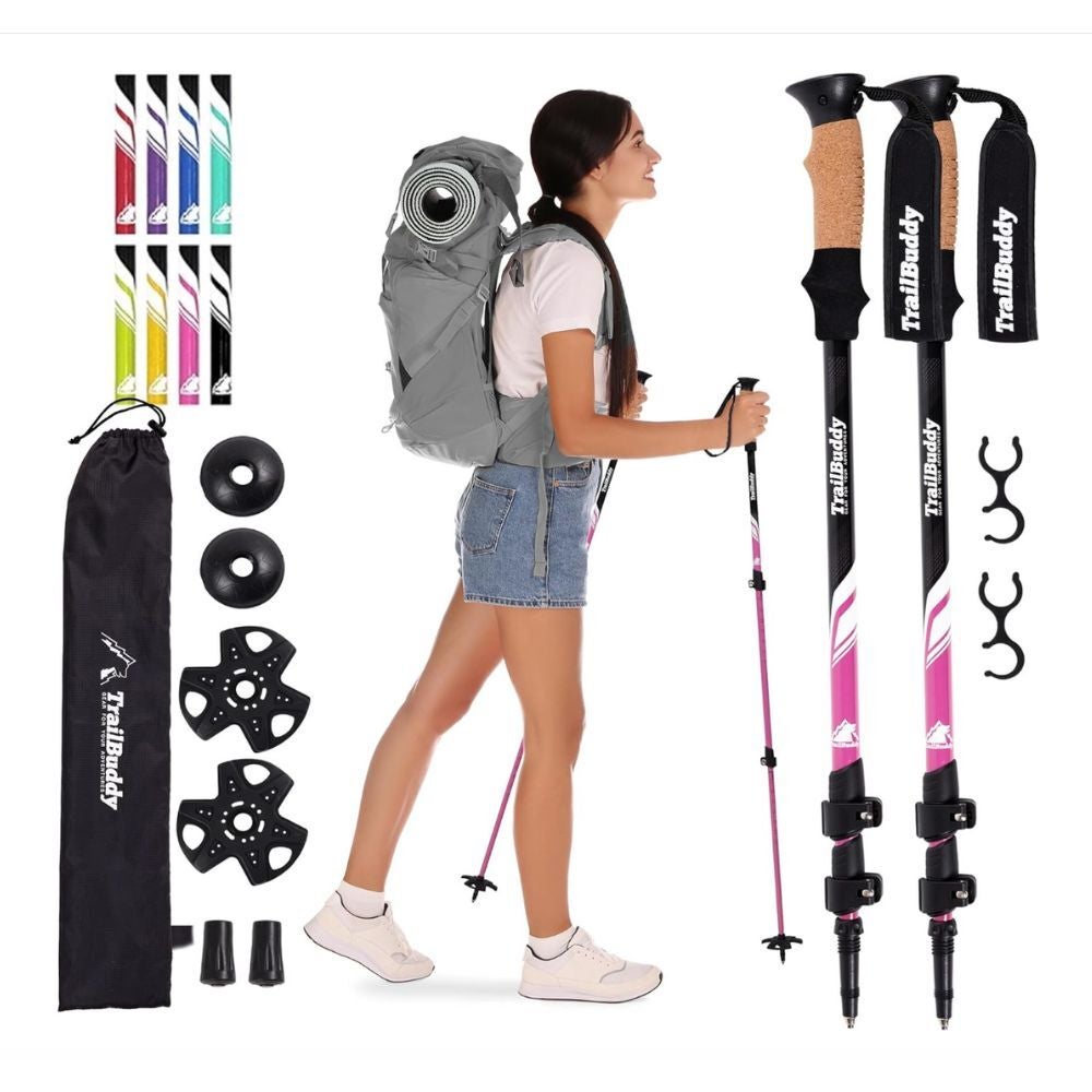 Model successful  shorts and t-shirt wearing a backpack, utilizing trekking poles