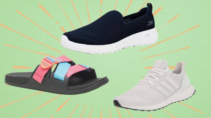 Chacos Chillos slides, Skechers Joy walking sneakers and Adidas Ultraboost tennis shoes.