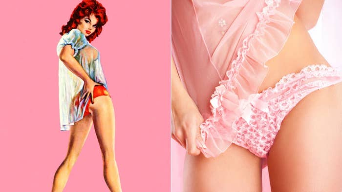 Vintage-inspired artwork shows a woman in a sheer nightgown, striking a confident pose