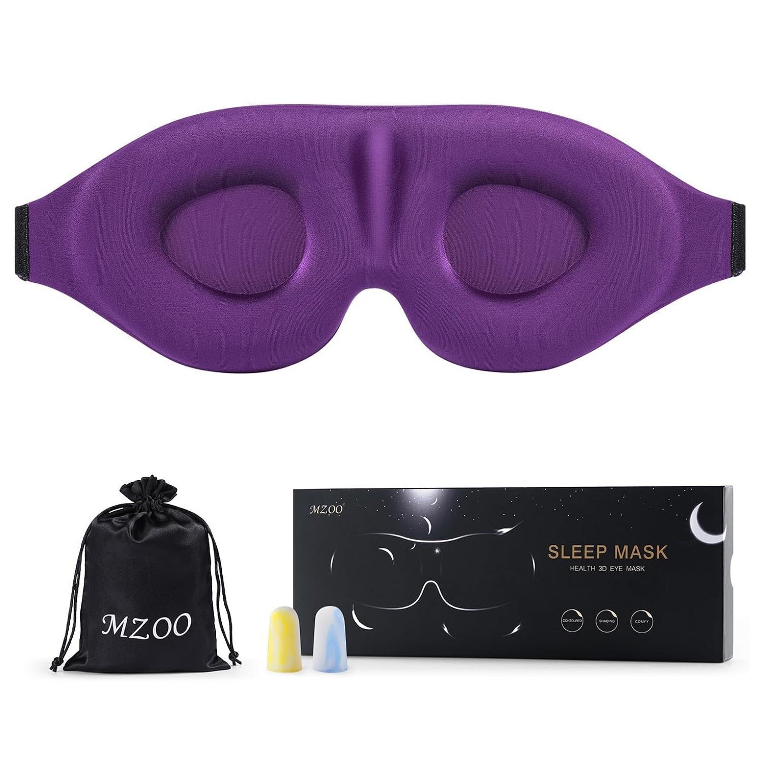 Purple contoured slumber  disguise  with receptor  plugs and transportation  pouch. Packaging shows merchandise  plan  and marque  sanction  "MZOO"