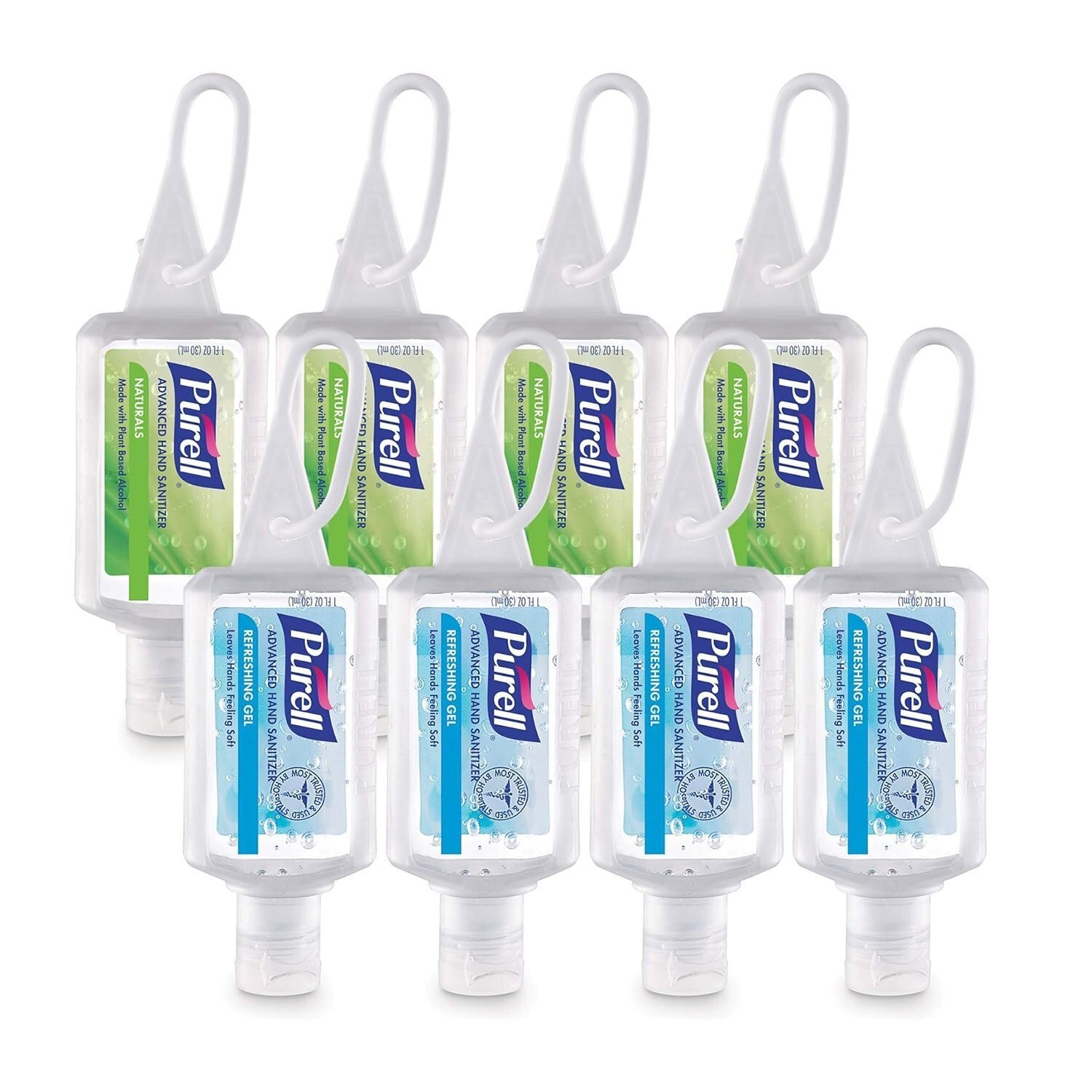 Seven bottles of Purell Advanced Hand Sanitizer with convenient question   hooks, perfect  for on-the-go sanitation