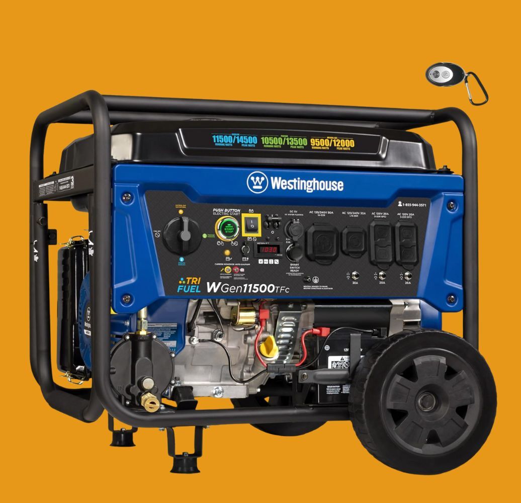 Portable Westinghouse generator with tri-fuel capabilities, wheels, and power panel; perfect for versatile powerfulness needs