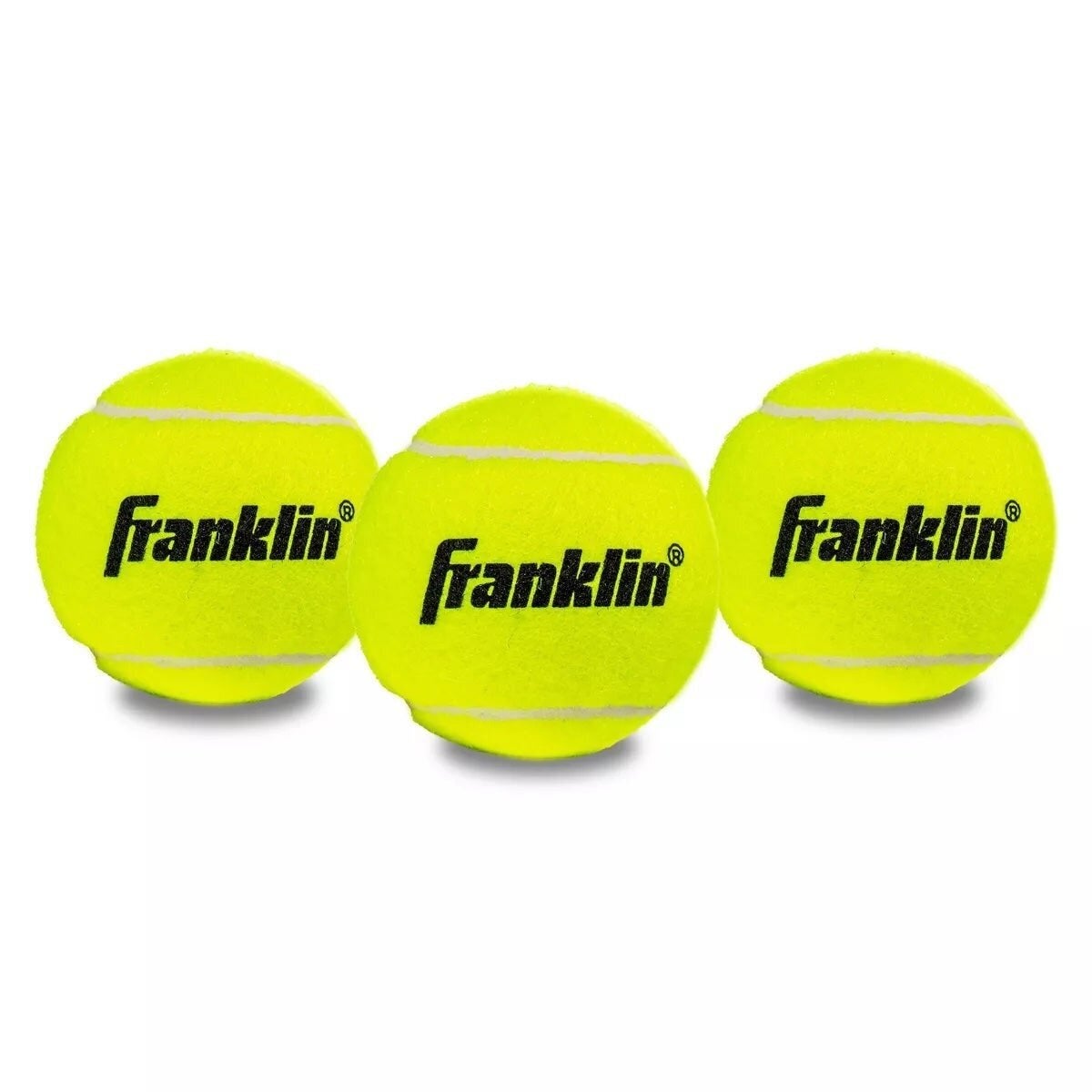 Three Franklin brand tennis balls are lined up side by side