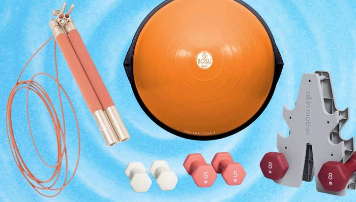 A jump rope, BOSU ball and weight set