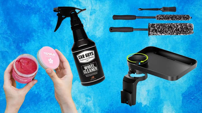 Cleaning gel putty, CarGuys instrumentality cleaner spray, a acceptable of instrumentality brushes and a cupful holder tray.