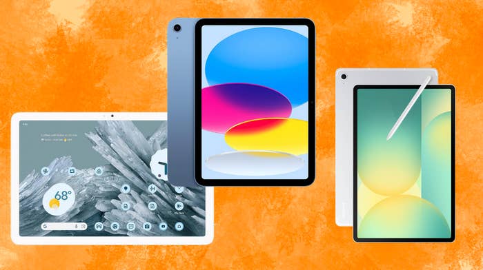 A Google Pixel tablet, Apple iPad and Samsung Galaxy Tab.