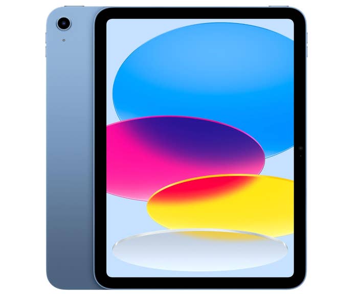 Tablet with a sleek plan and a colorful display, featuring overlapping circular patterns connected the screen