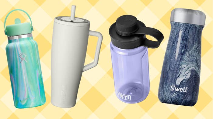 Four stylish h2o  bottles with chiseled  designs and features displayed connected  a checkered background, each   suited for assorted  needs and preferences