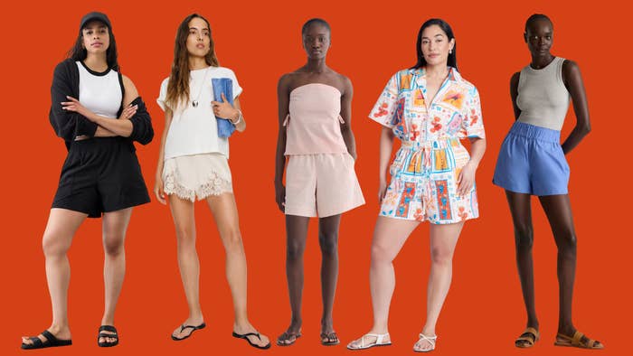 A brace of high-rise shorts from Athleta, silky shorts from Reformation, striped shorts from Everlane, printed shorts from Eloquii and poplin shorts from Quince.