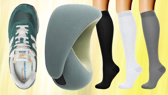 New Balance sneaker, Ostrichpillow question pillow and Charmking compression socks